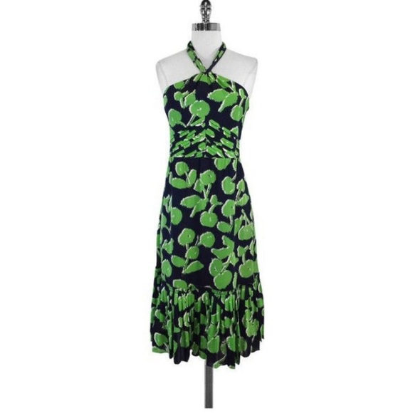 Tory Burch Eloriane Navy/Green Leaf Print Silk Halter Dress Size 4 - Picture 1 of 12